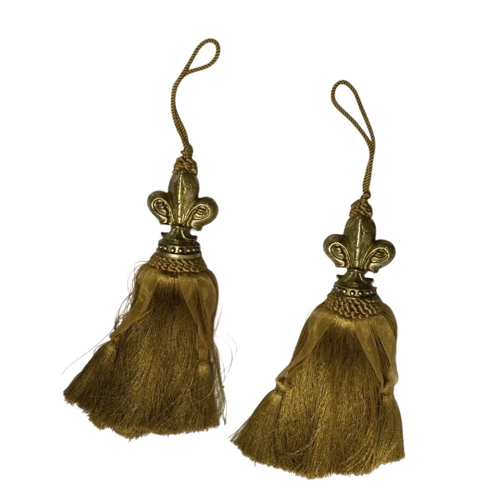 Gold Fleur de Lis Tassels Pair Antique Finish Decorative Curtain Tiebacks 11in